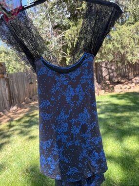Vintage Free People Black & Cobalt Blue Lace-Trim Floral Tank